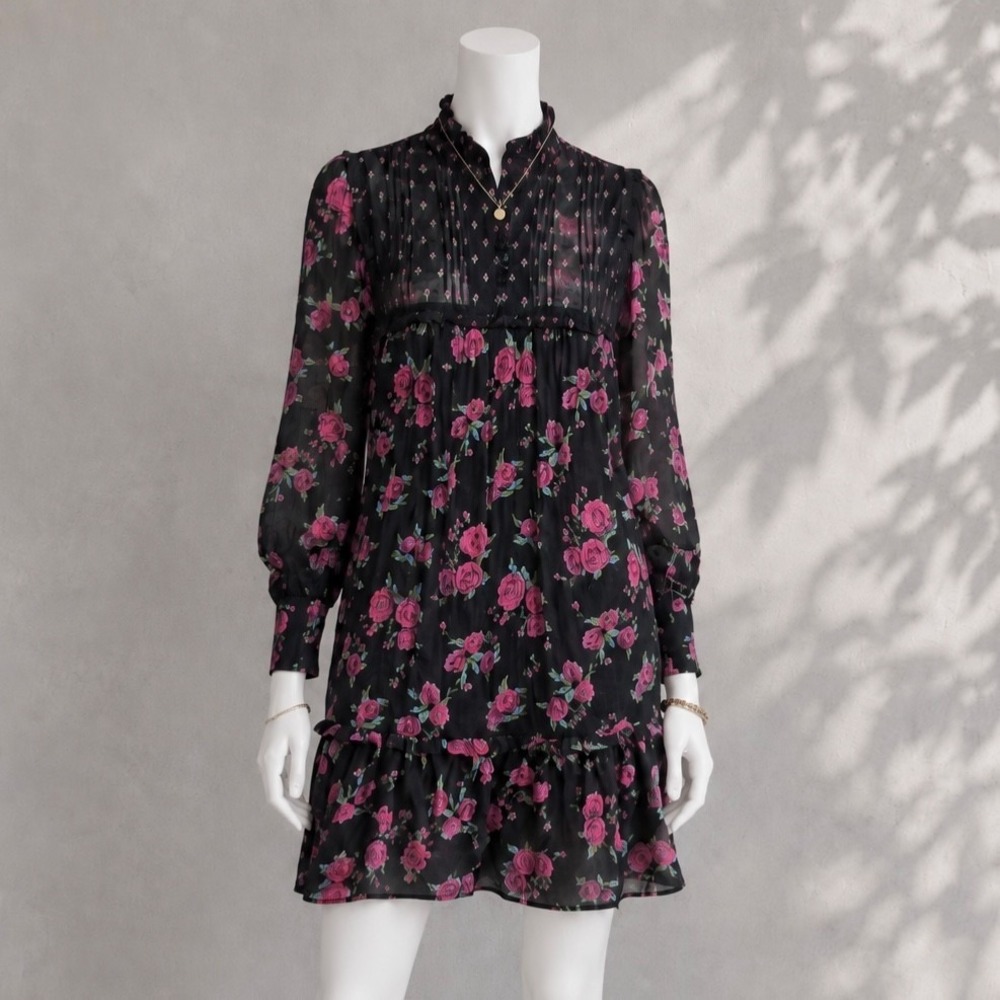 Melissa Nepton Dress M Black Pink Floral High Neck Whimsigoth Boho Cotton Shift